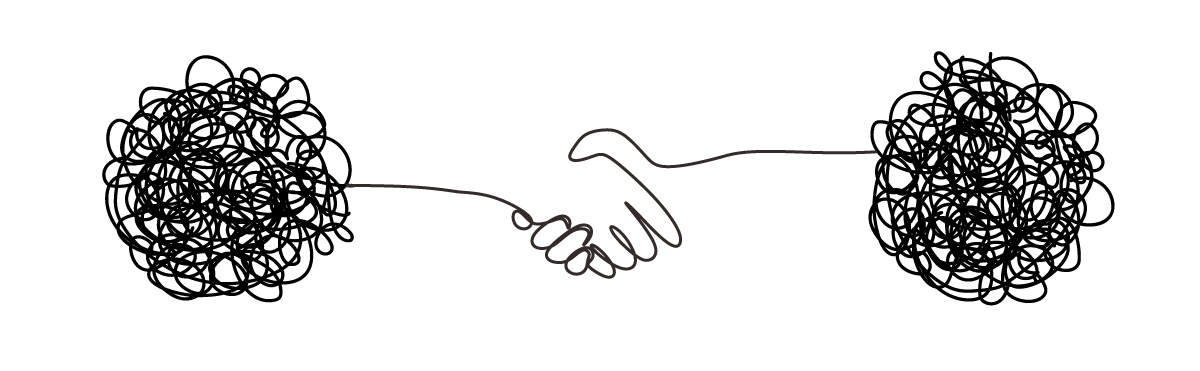 Illustration of two tangled balls unravelling into a handshake, symbolic of disputes resolution.